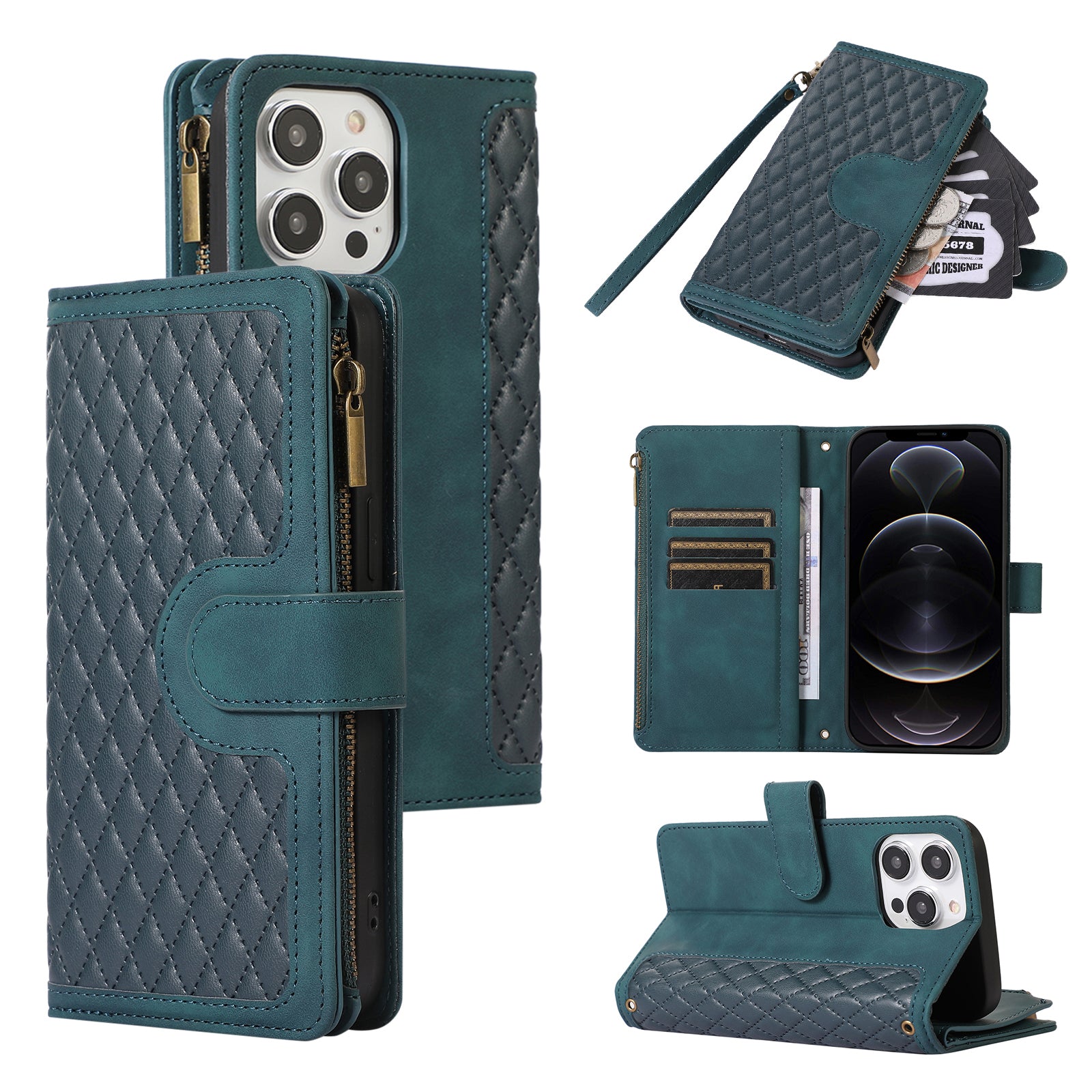 For iPhone 12 Pro Max 6.7 inch Leather Wallet Card Holder Phone Case Rhombus Imprinted Stand Cover with Zipper Pocket For iPhone 12 Pro Max 6.7 inch Leather Wallet Card Holder Phone Case Rhombus Imprinted Stand Cover with Zipper Pocket